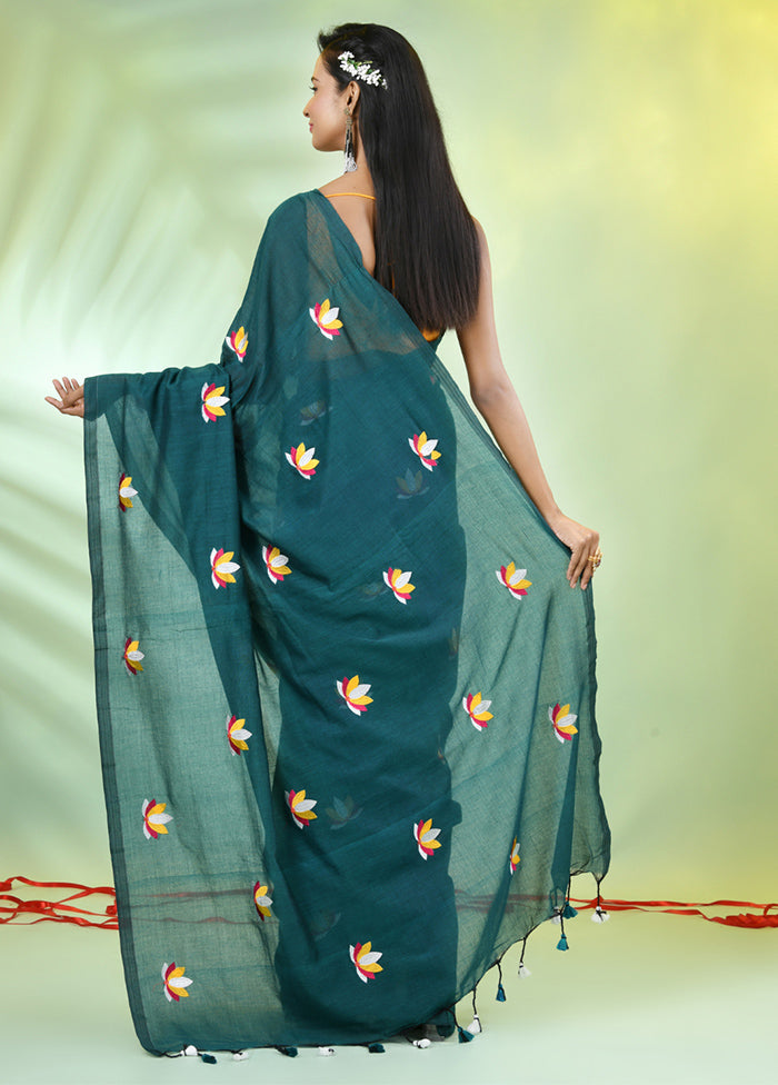 Teal Green Cotton Saree With Blouse Piece