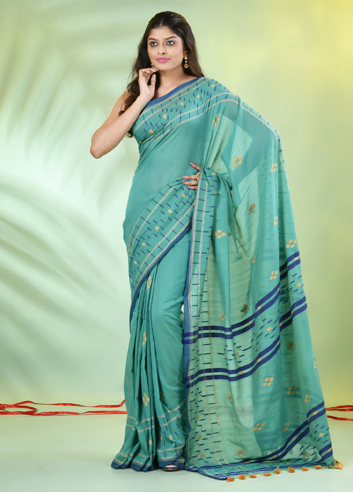 Sea Green Pure Cotton Saree With Blouse Piece