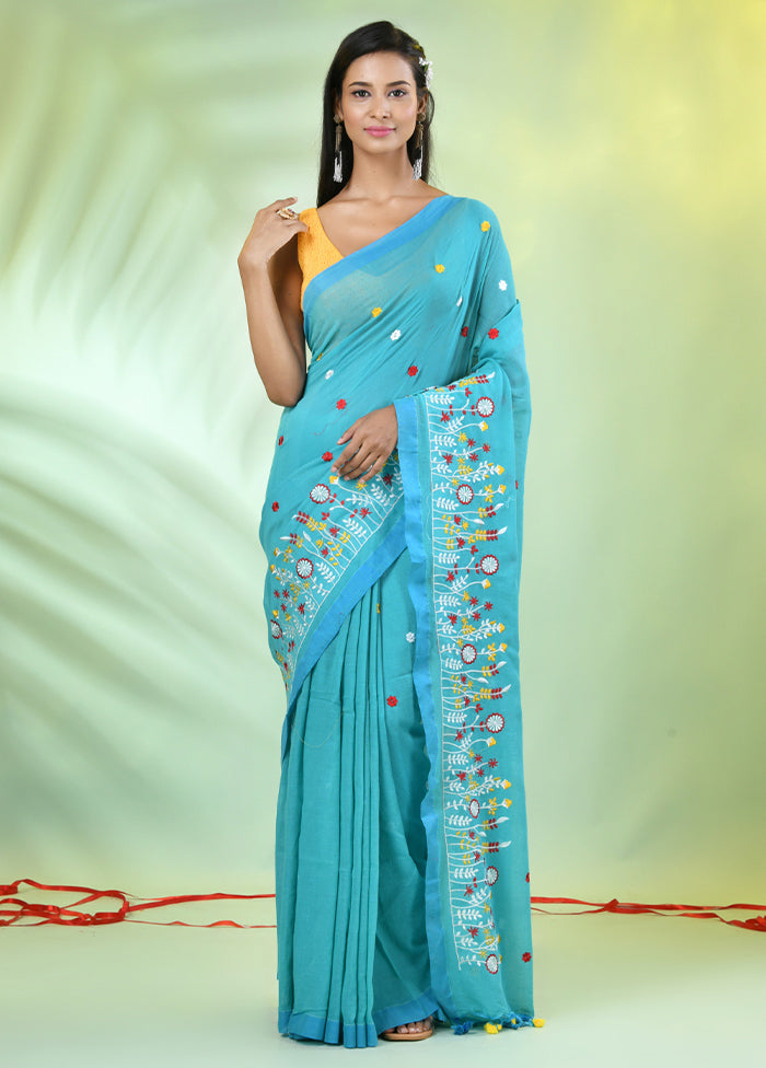 Sea Green Cotton Saree With Blouse Piece