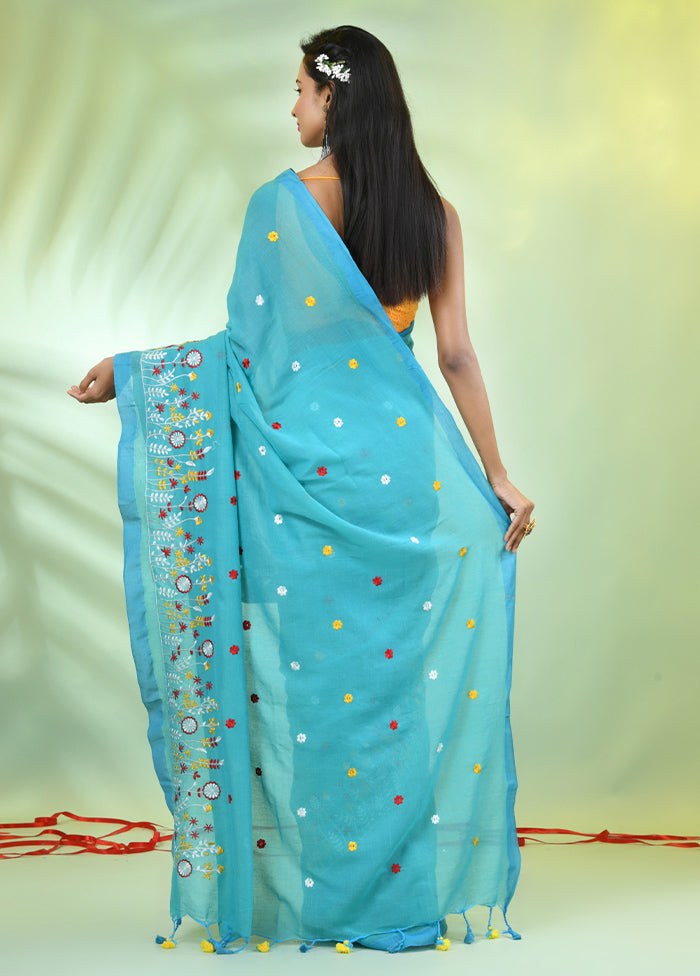 Sea Green Cotton Saree With Blouse Piece