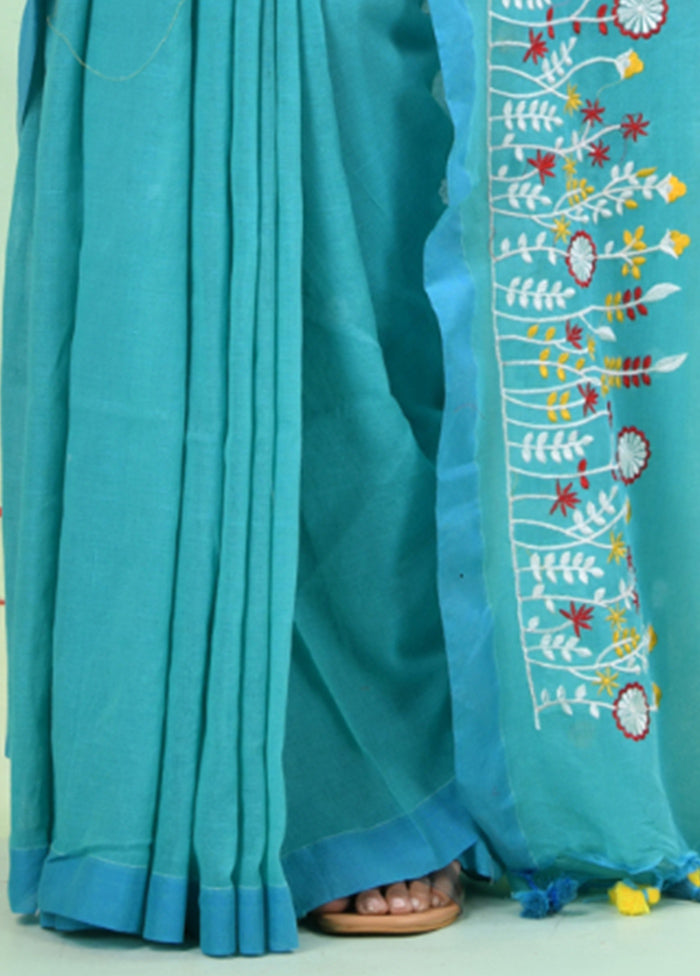 Sea Green Cotton Saree With Blouse Piece