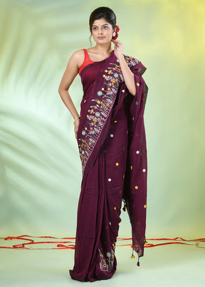 Burgundy Cotton Saree With Blouse Piece