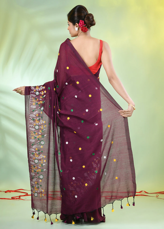 Burgundy Cotton Saree With Blouse Piece