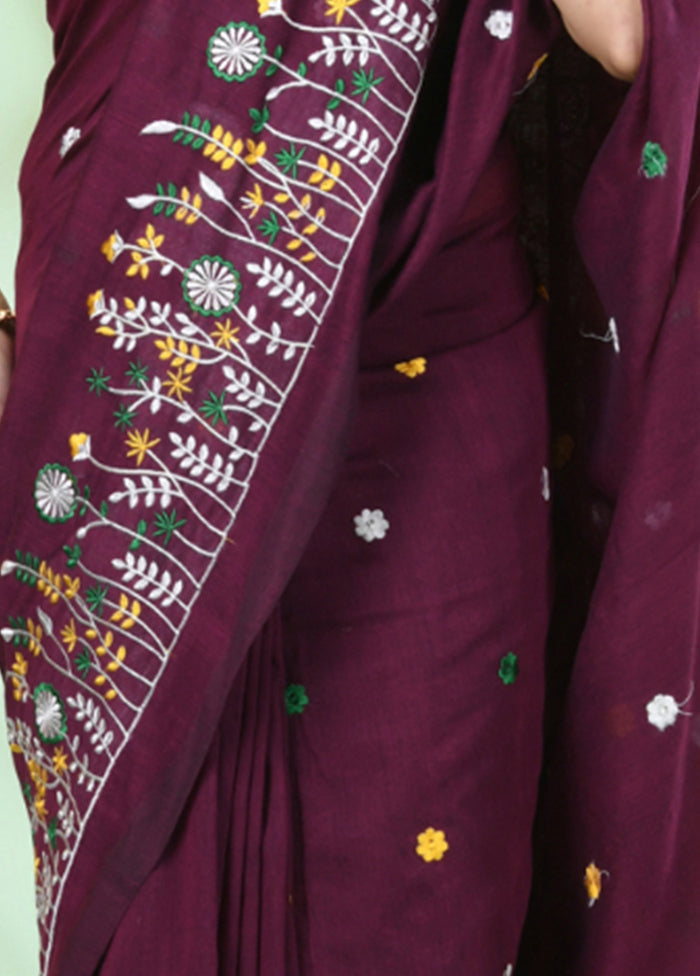 Burgundy Cotton Saree With Blouse Piece