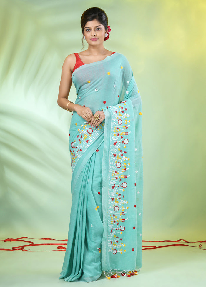 Sea Green Cotton Saree With Blouse Piece