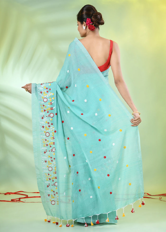 Sea Green Cotton Saree With Blouse Piece