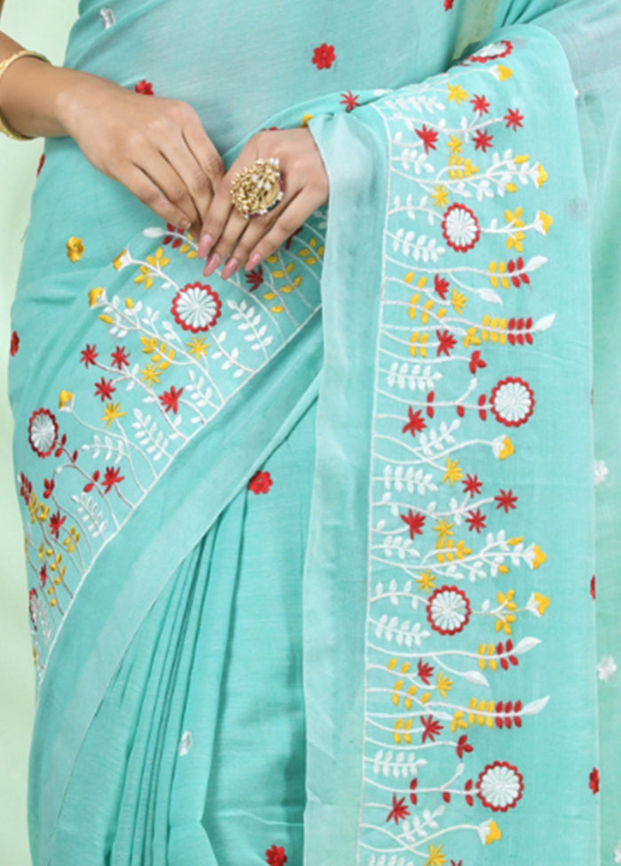 Sea Green Cotton Saree With Blouse Piece