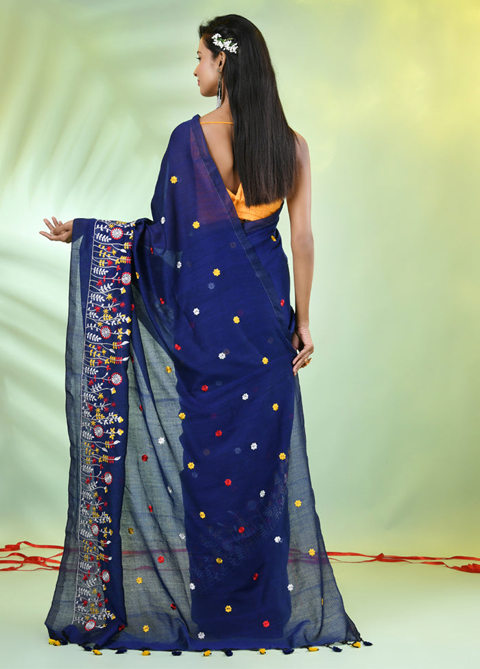 Blue Cotton Saree With Blouse Piece