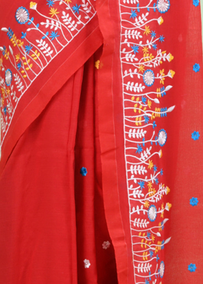 Red Cotton Saree With Blouse Piece