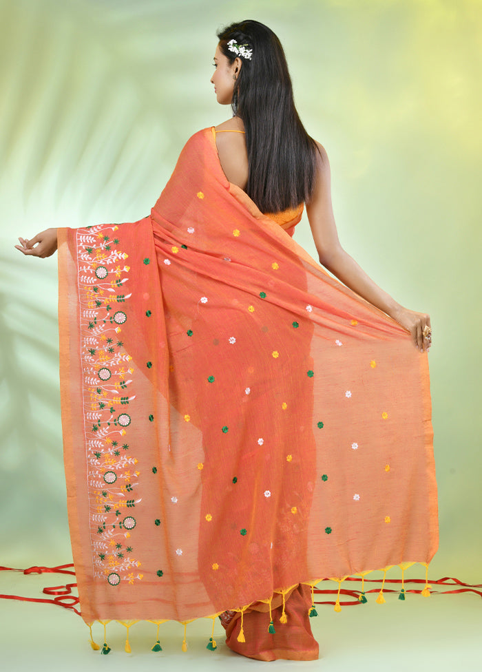 Orange Cotton Saree With Blouse Piece