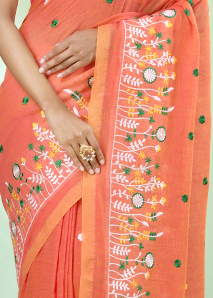 Orange Cotton Saree With Blouse Piece