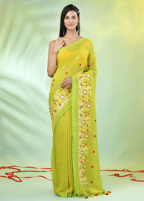 Lime Green Cotton Saree With Blouse Piece