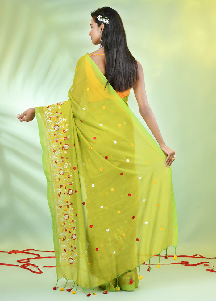 Lime Green Cotton Saree With Blouse Piece