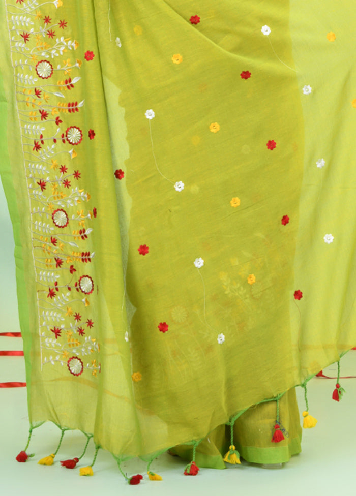 Lime Green Cotton Saree With Blouse Piece