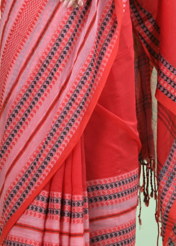 Red Cotton Saree With Blouse Piece