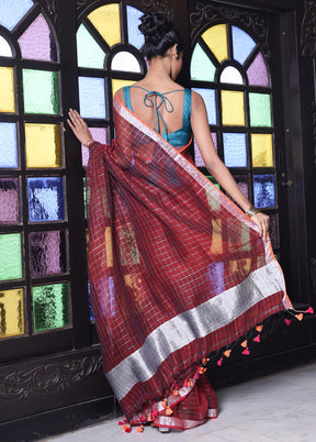 Maroon Linen Silk Saree With Blouse Piece