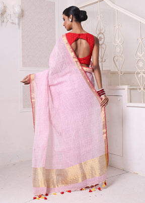 Pink Linen Silk Saree With Blouse Piece