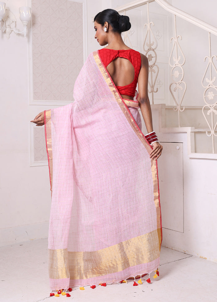 Pink Linen Silk Saree With Blouse Piece