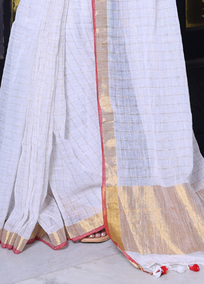 White Linen Silk Saree With Blouse Piece