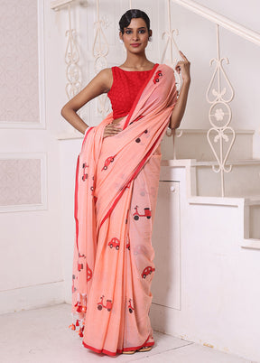 Peach Cotton Uber Print Saree Without Blouse Piece