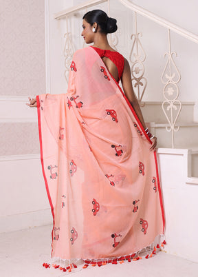 Peach Cotton Uber Print Saree Without Blouse Piece