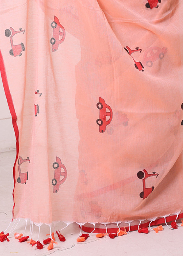 Peach Cotton Uber Print Saree Without Blouse Piece