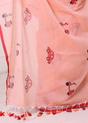 Peach Cotton Uber Print Saree Without Blouse Piece