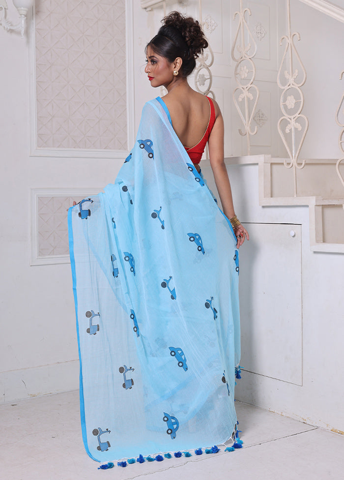 Sky Blue Cotton Uber Print Saree Without Blouse Piece