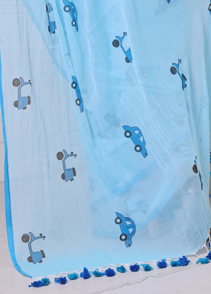 Sky Blue Cotton Uber Print Saree Without Blouse Piece