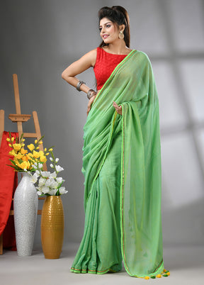 Light Green Cotton Solid Saree Without Blouse Piece