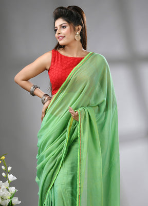 Light Green Cotton Solid Saree Without Blouse Piece