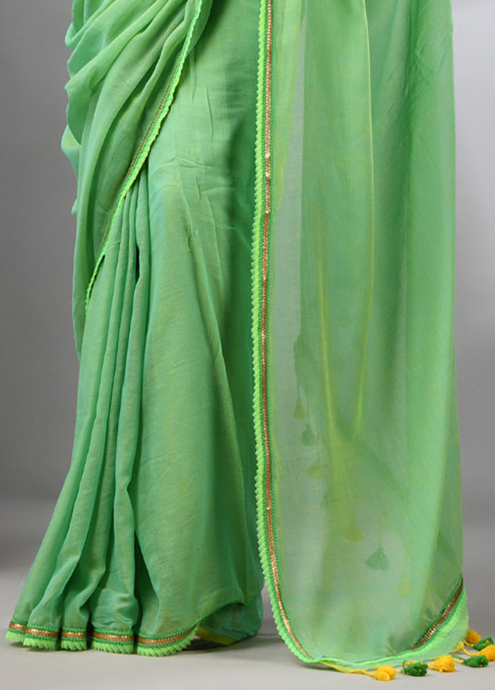 Light Green Cotton Solid Saree Without Blouse Piece