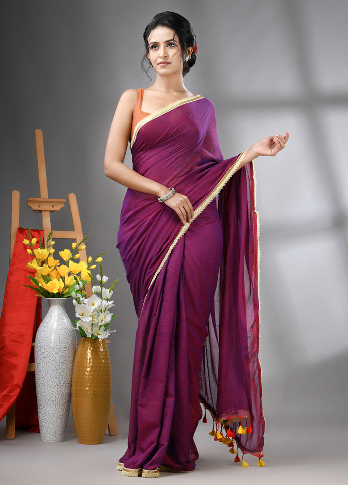 Purple Cotton Solid Saree Without Blouse Piece