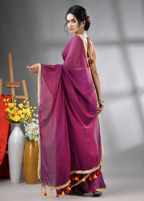 Purple Cotton Solid Saree Without Blouse Piece