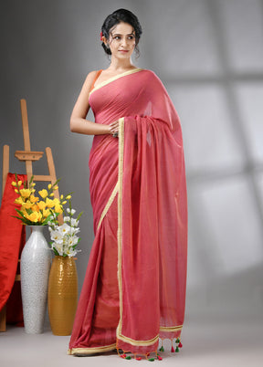 Salmon Pink Cotton Solid Saree Without Blouse Piece