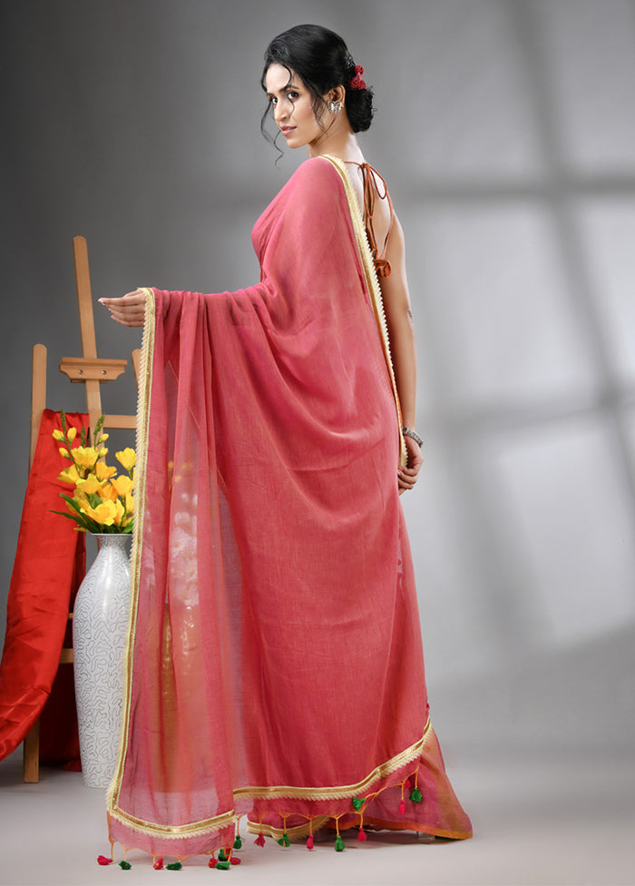 Salmon Pink Cotton Solid Saree Without Blouse Piece