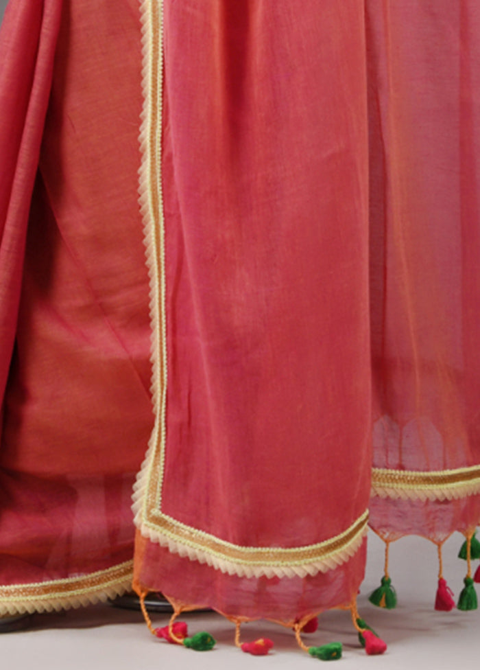 Salmon Pink Cotton Solid Saree Without Blouse Piece