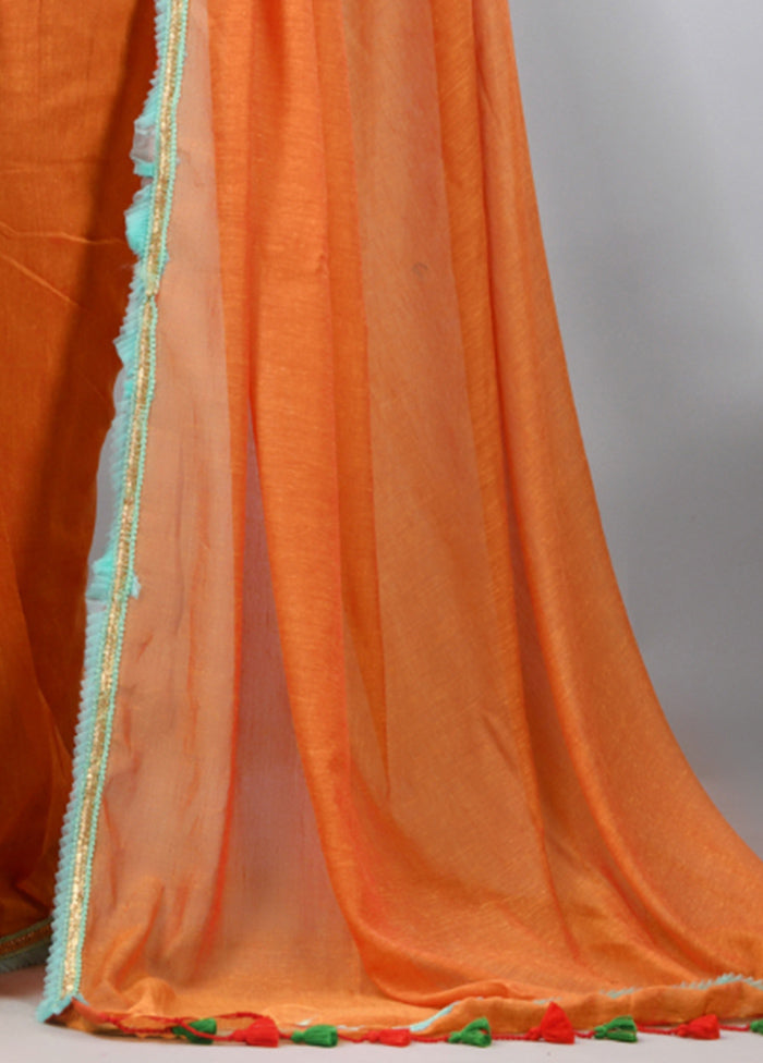 Orange Cotton Solid Saree Without Blouse Piece