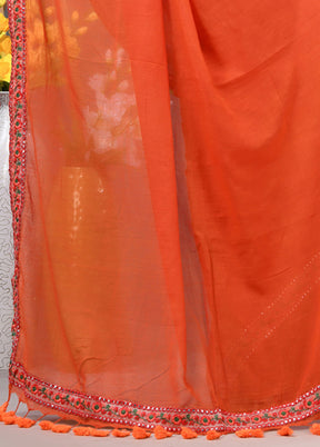 Orange Cotton Solid Saree Without Blouse Piece