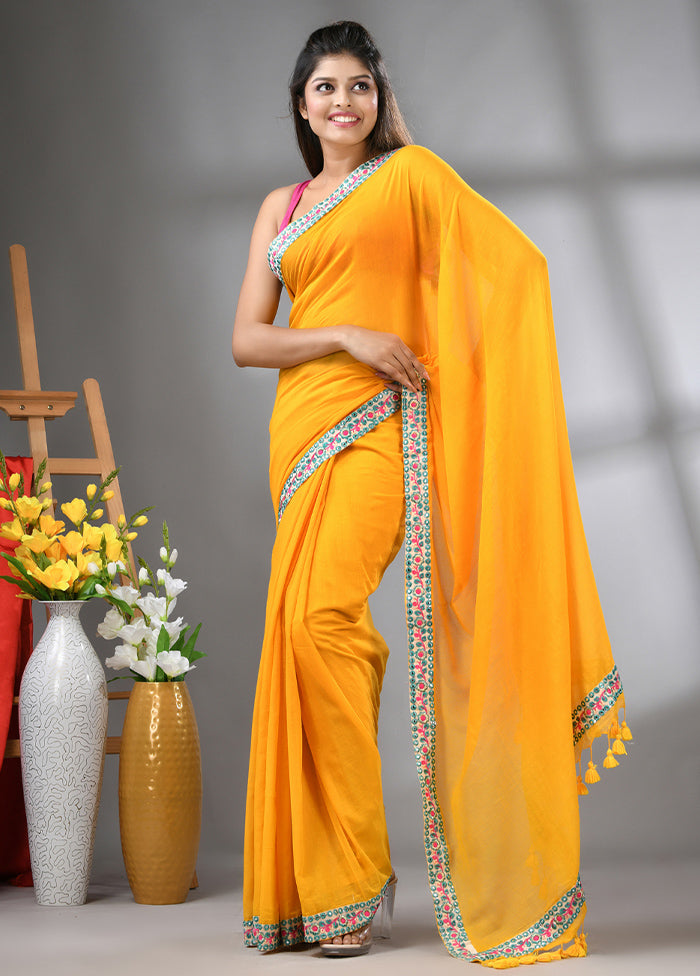 Yellow Cotton Solid Saree Without Blouse Piece