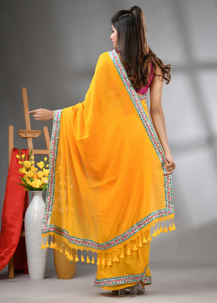 Yellow Cotton Solid Saree Without Blouse Piece