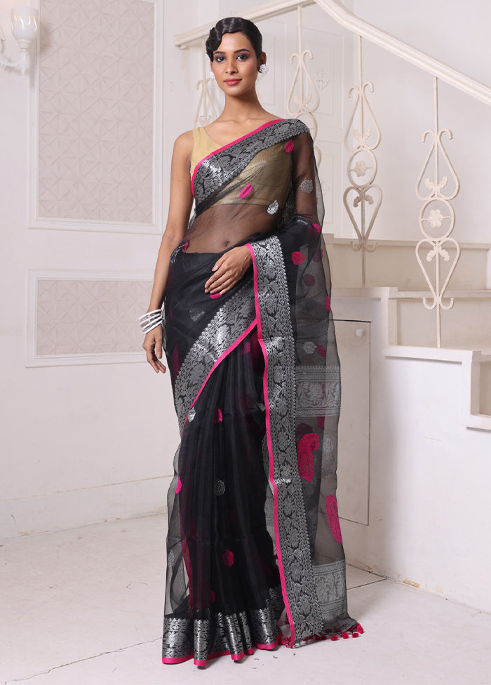 Black Spun Silk Saree With Blouse Piece