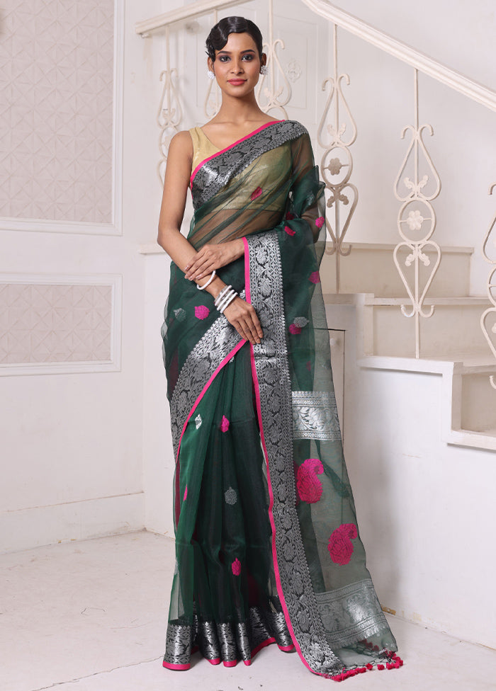 Green Spun Silk Saree With Blouse Piece