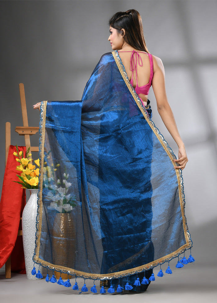 Blue Spun Silk Saree With Blouse Piece