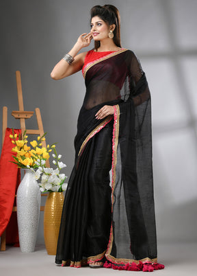 Black Spun Silk Saree With Blouse Piece