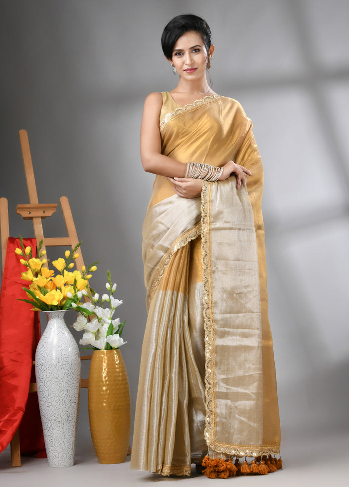 Golden Spun Silk Saree With Blouse Piece