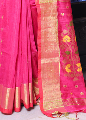 Hot Pink Pure Cotton Saree With Blouse Piece