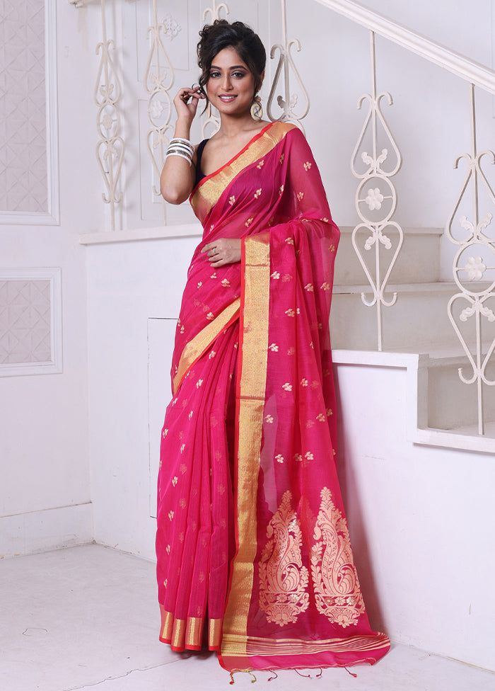 Hot Pink Pure Cotton Saree With Blouse Piece