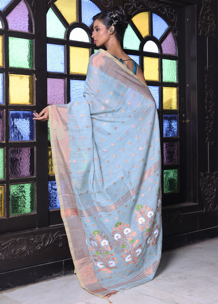 Sky Blue Pure Cotton Saree With Blouse Piece