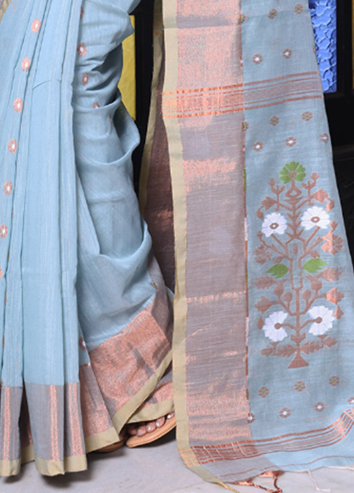 Sky Blue Pure Cotton Saree With Blouse Piece